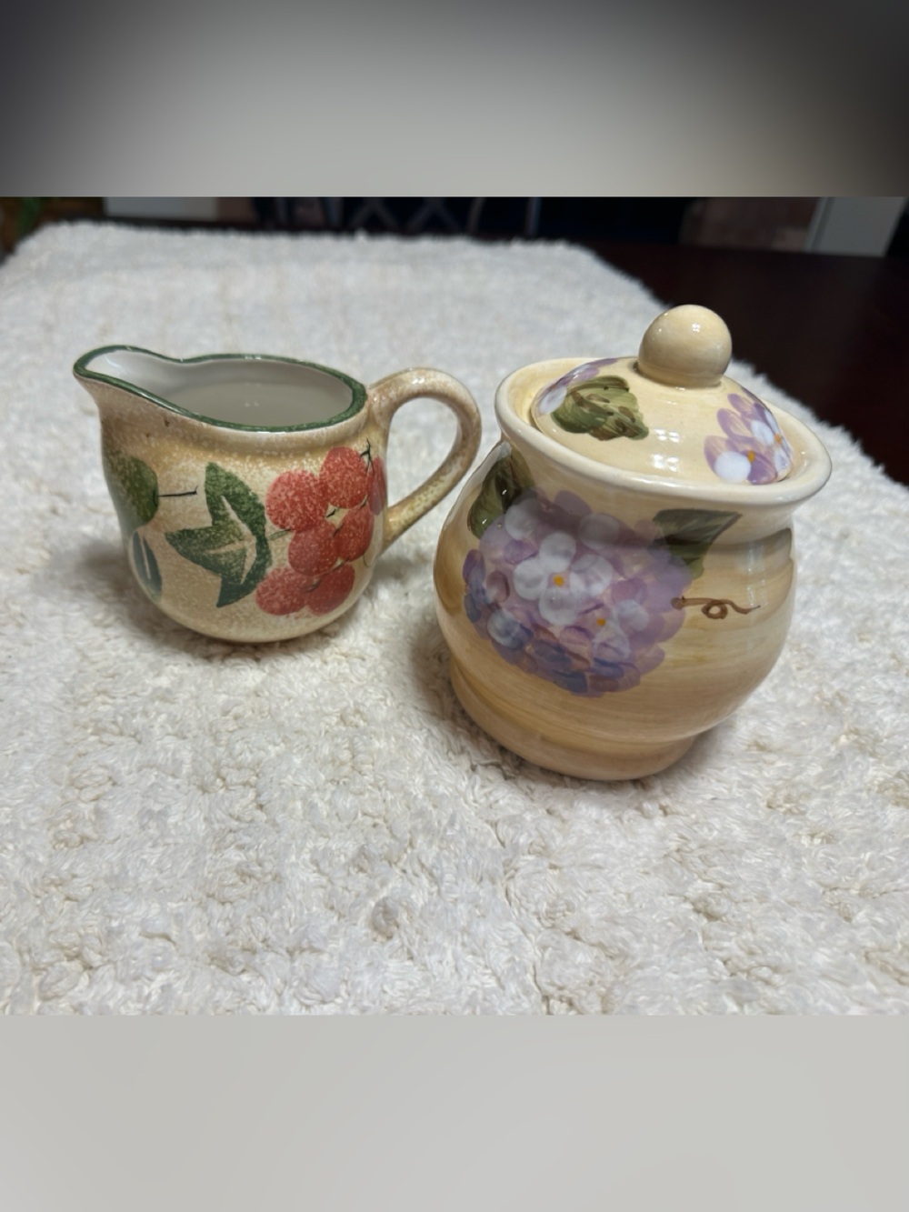 Hand-Painted Ceramic Sugar Bowl & Creamer Set - Beige and Purple Floral